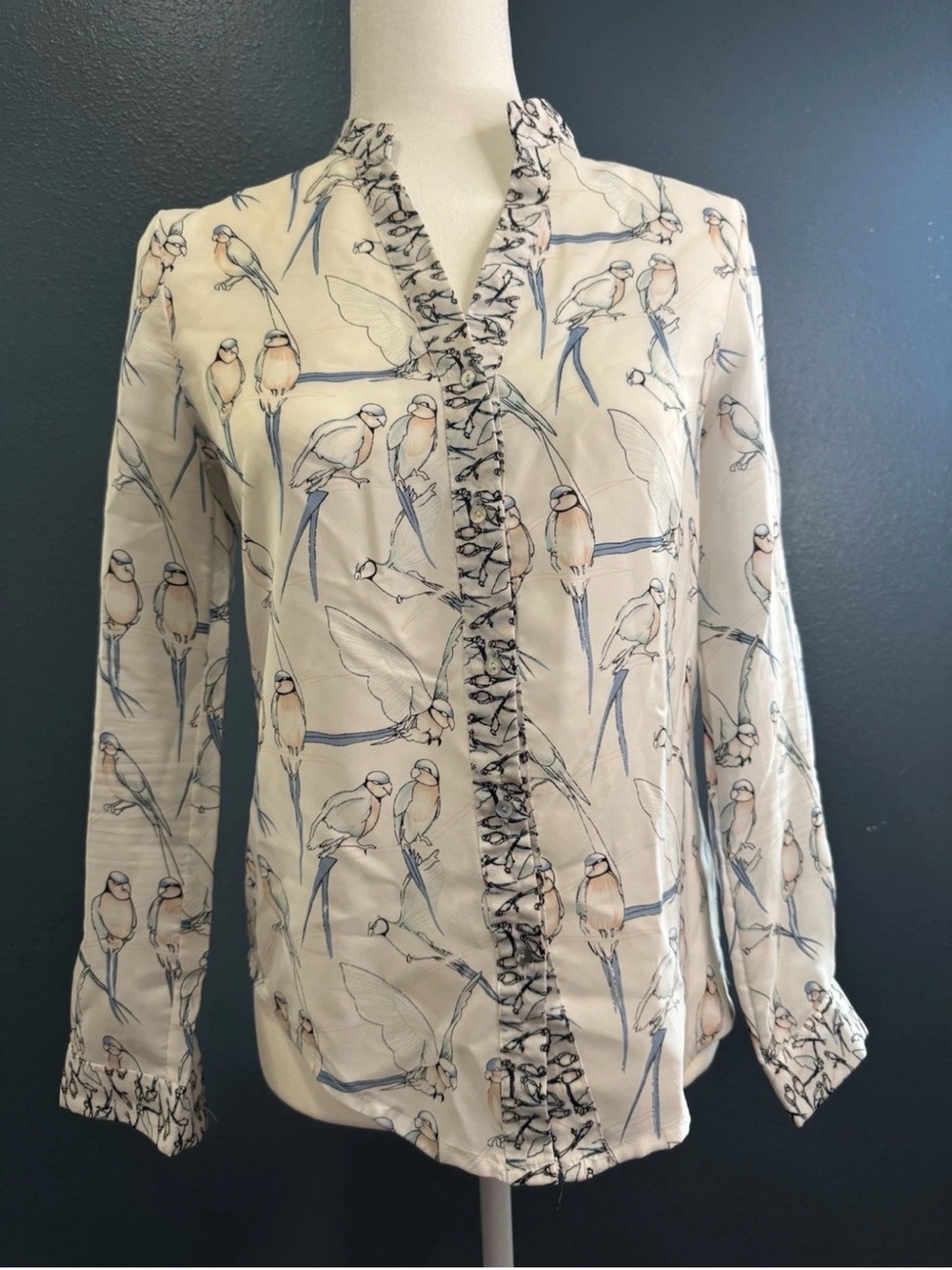 Zapa Cream Blouse with Blue and Beige Bird Print